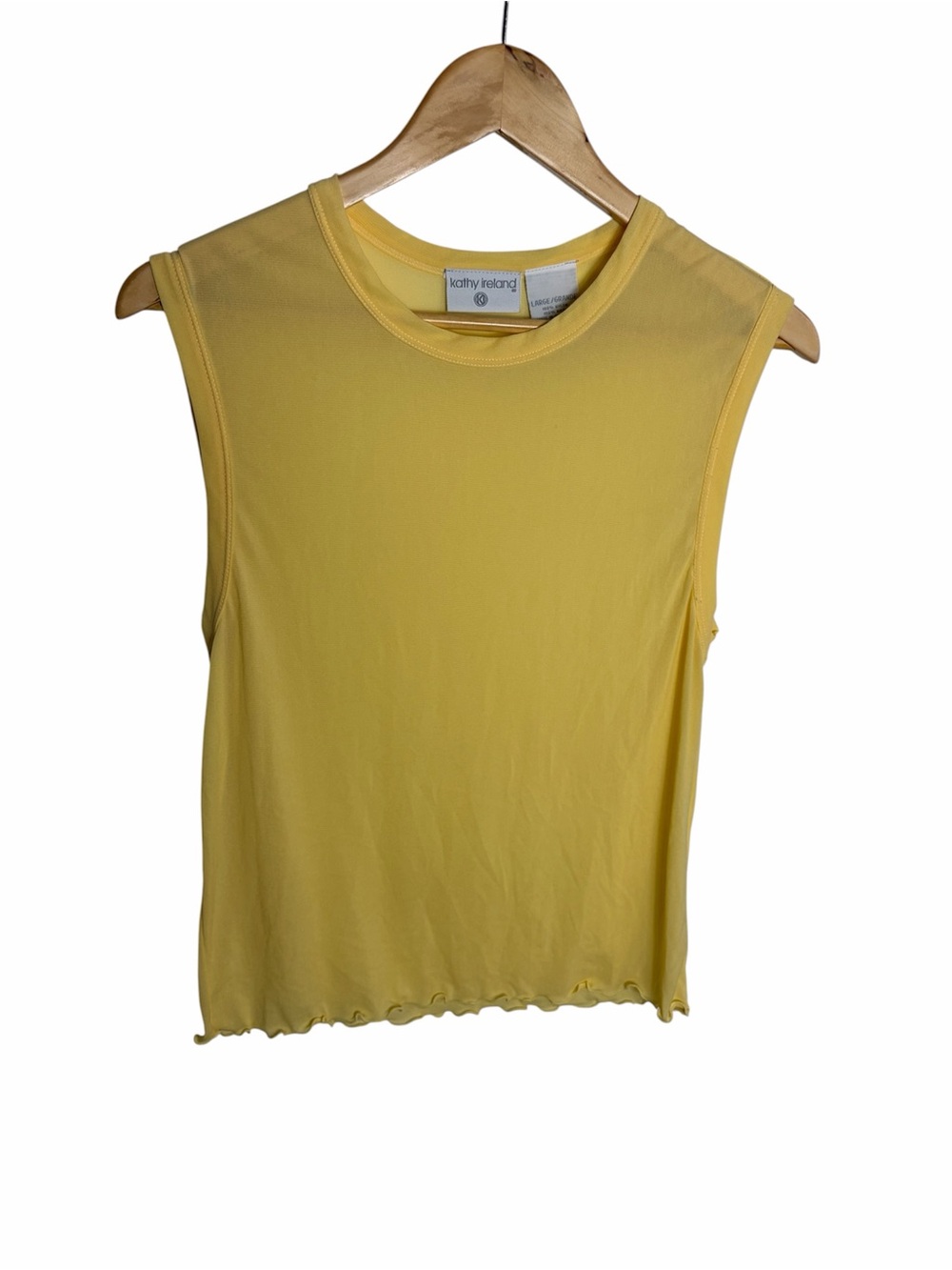 Y2K yellow sleeveless nylon semi sheer lettuce hem tank top size L